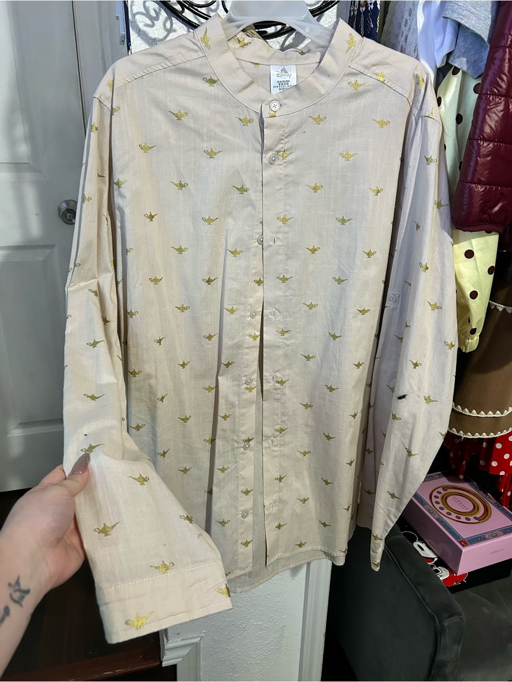 Disney Men's Beige Mandarin Collar Button-Up Shirt with Yellow Motif